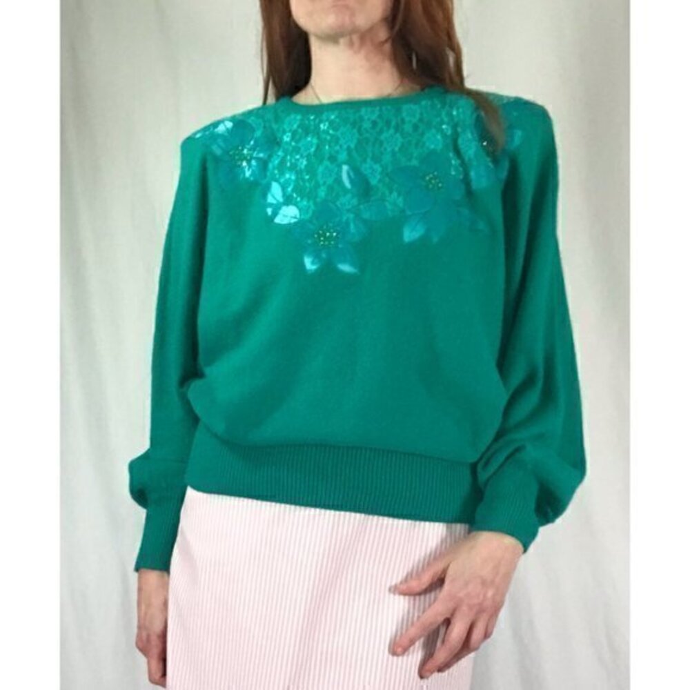 80's Vintage Old New Stock "Diana Marco" Teal Green Embellished Crewneck Sweater